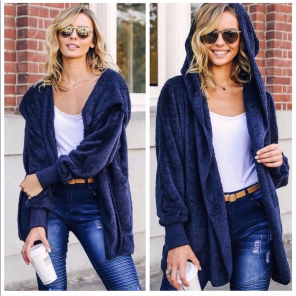 NEW‼️NAVY teddy bear Sherpa fleece- hoodie - Picture 1 of 4